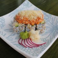 Crunchy Spicy Tuna Roll · California roll topped with spicy salmon & tempura flakes