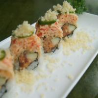 Red, White & Boom Roll · spicy tuna roll w/ cucumber topped w/ spicy crab, jalapeños & tempura flakes.