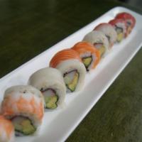 Rainbow Roll · California roll w/ tuna, salmon, shrimp, red snapper & white tuna on top.