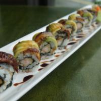 Kooma Roll · shrimp tempura roll w/ eel & avocado on top w/ eel sauce.