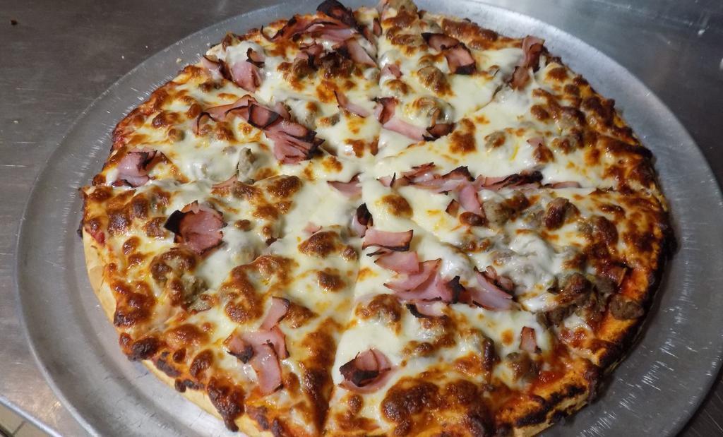 Meat Pizza · Loaded With Mozzarella Cheese, Pepperoni’s, Sausage, Hamburger & Canadian Bacon!!