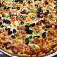 Supreme Pizza · Loaded With Mozzarella Cheese, Pepperoni’s, Canadian Bacon, Italian Sausage, Bell Peppers, O...
