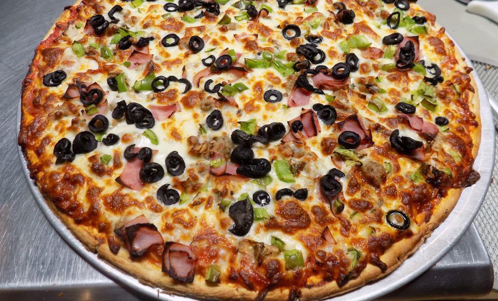 Supreme Pizza · Loaded With Mozzarella Cheese, Pepperoni’s, Canadian Bacon, Italian Sausage, Bell Peppers, Onions, Mushrooms & Black Olives!