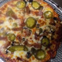 El Diablo! · Hottest Pizza In Wichita! Spicy HOT SAUSAGE, Hamburger, Canadian Bacon, “Jalapeño Pepperoni’...