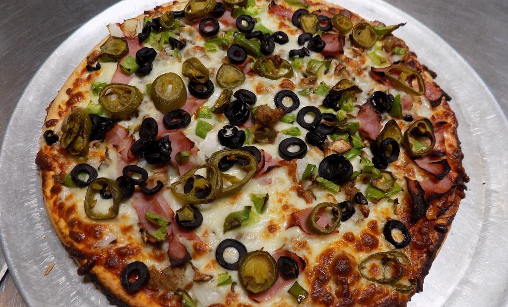 Everything But The: Kitchen Sink Pizza! · Loaded With Mozzarella Cheese, Pepperoni’s, Canadian Bacon, Italian Sausage, Hamburger, Jalapeños, Onions, Mushrooms, Bell Peppers & Black Olives!