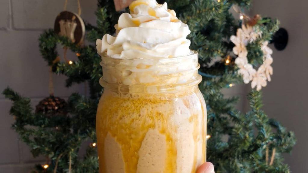 Caramel Frappe · Caramel flavor blended together with ice, espresso, and milk. Topped with whip cream and
caramel drizzle