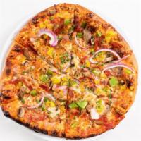 Figlio Classic · Red sauce, pepperoni, sausage, prosciutto, peppers, red onions, mushrooms.