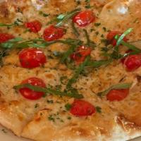 Five Cheese And Basil Pizza · Olive oil sauce, parmesan, fontina, mozzarella, gouda, romano, blistered tomatoes