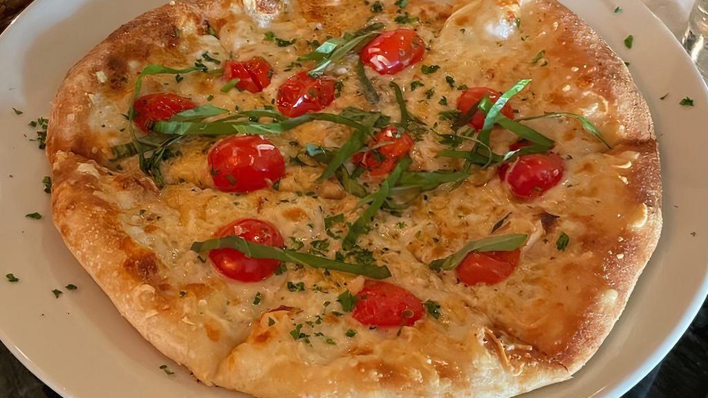 Five Cheese And Basil Pizza · Olive oil sauce, parmesan, fontina, mozzarella, gouda, romano, blistered tomatoes