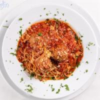“Old School” Spaghetti And Meatballs · Three veal and pork meatballs, red sauce, thin spaghetti, parmesan.