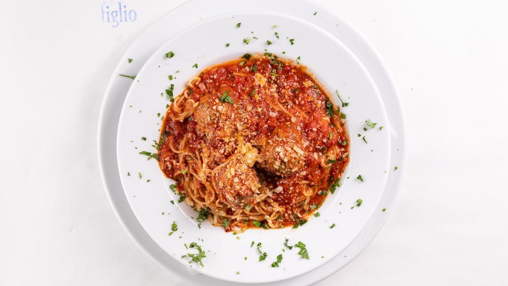 “Old School” Spaghetti And Meatballs · Three veal and pork meatballs, thin spaghetti, red sauce, parmesan.