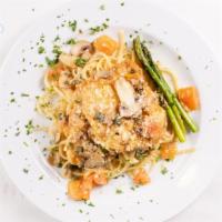 Chicken Piccata · Linguine, white wine butter sauce, capers, mushrooms, tomatoes, asparagus.