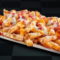 Garlic Parmesan Loaded Fries · Enjoy our Famous Seasoned Fries topped with garlic parmesan sauce and smoky bacon crumbles, ...