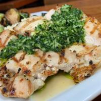 Truffle Chicken Pistou · Gluten-sensitive. Grilled chicken breast, roasted garlic risotto, pan charred Brussel sprout...