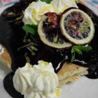 Why So Blue? Pancakes. · lemon ricotta. blueberry-lavender compote. 
blueberries. candied lemon. whipped cream.