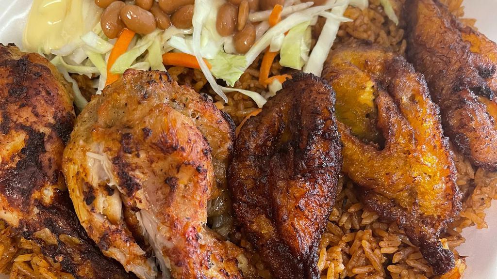Jollof Rice · Rice cooked in tasty tomato sauce served with your choice of meat or fish,house salad and fried
plantains