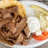 Gyros Plate · Served with fries, pita bread, special sauce and feta cheese.