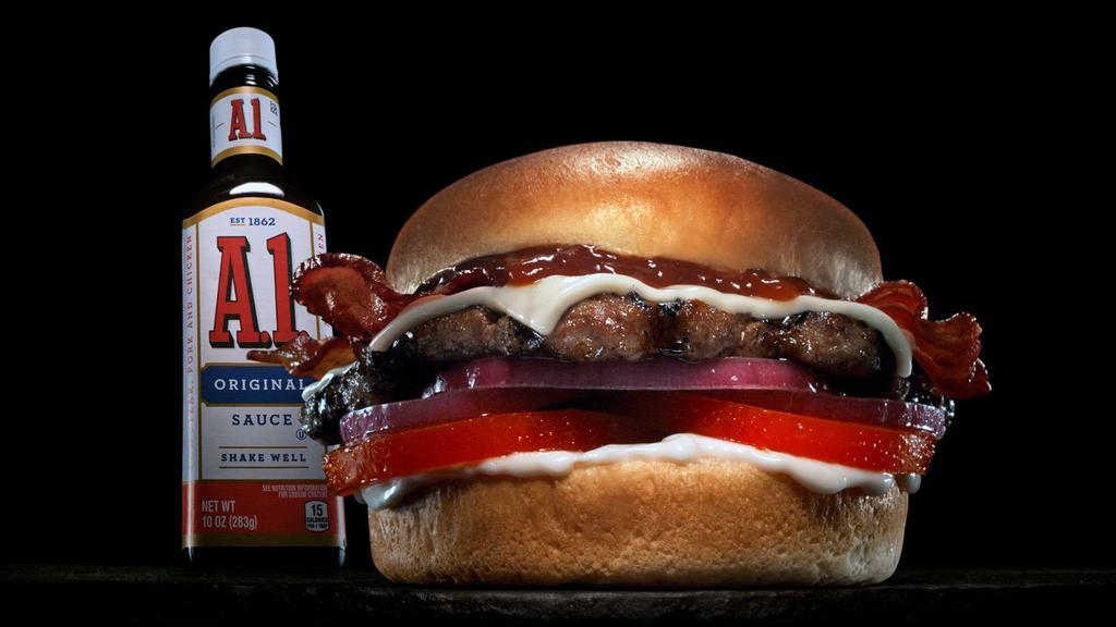A1 Steak Sauce® Burger · ½ pound burger, lettuce, tomato, A1 STEAK SAUCE® on a brioche bun.