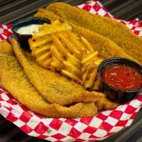 Fried Catfish Basket · 4- Crispy Fried Fillet Strips, Served  Crisp Waffle Fries
