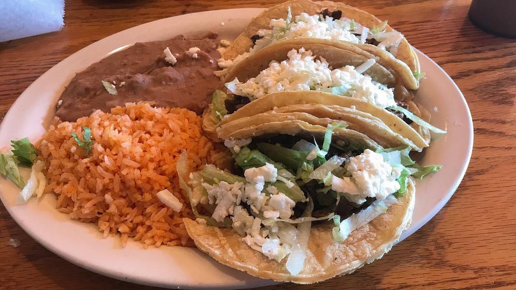 Tacos · Three crispy or soft tacos with your choice of pork, steak, chicken, beef, or al Pastor.