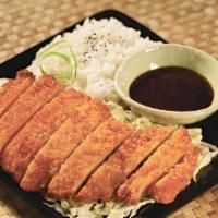 Chicken Katsu Entrée · Breaded chicken with side of dipping sauce. Served with miso soup, ginger dressing salad, an...