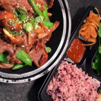 Beef Bulgogi · Thinly sliced marinated beef chuck, grilled with snap peas, mushrooms, onions, carrots, and ...