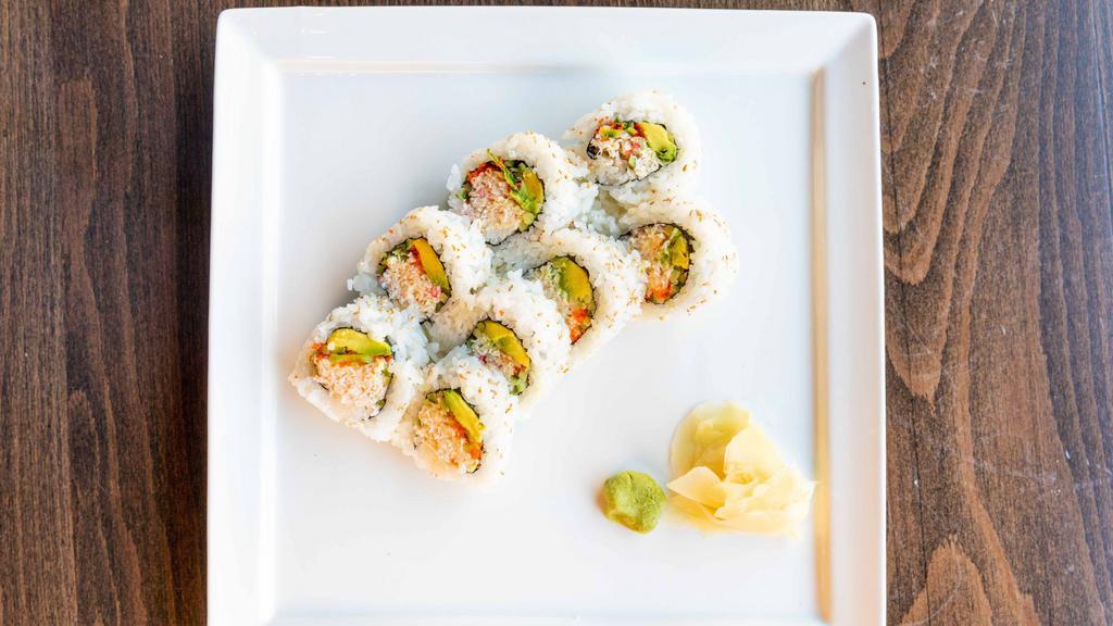 California Roll* · Snow crab, Japanese mayo, avocado, masago, and cucumber, topped with sesame seeds (8pc)