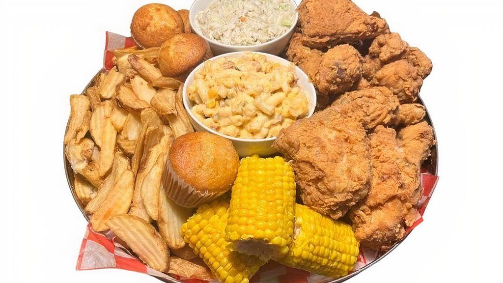 12 Piece Fried Chicken Feast - White Meat Only · 12 pieces of All White Meat Fried Chicken, Famous Fries, Creamy Coleslaw, Dave’s Cheesy Mac & Cheese, Sweet Corn on the Cob and Honey Buttered Corn Bread Muffins. Served with Buffalo Honey Sauce on the side. No substitutions.