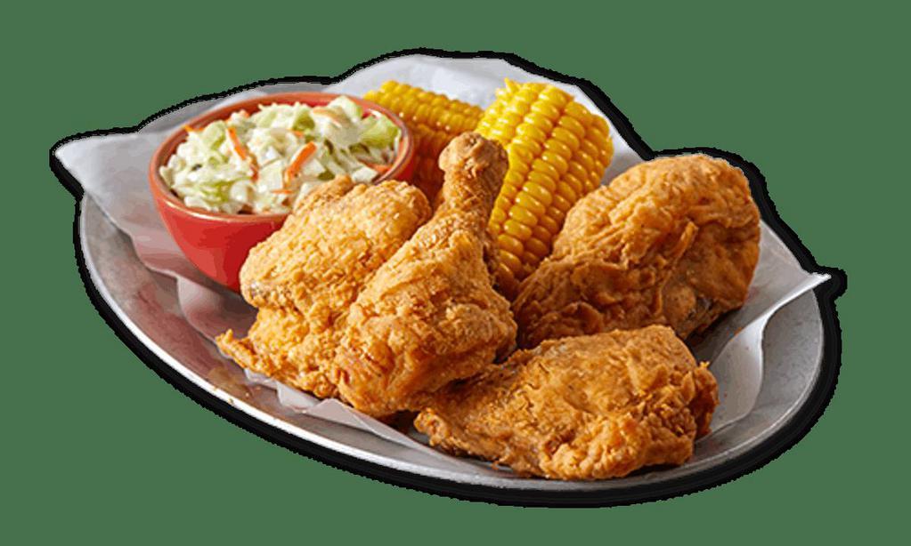 Iris' Down Home Fried Chicken Platter · Four pieces of Famously Fried Chicken, served with choice of two sides, a Corn Bread Muffin and Buffalo Honey sauce on the side.