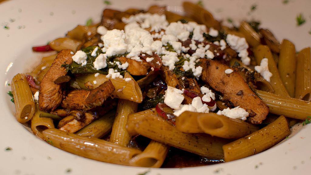 Angels Balsamic Chicken & Spinach · Grilled chicken with sautéed onions, mushrooms, garlic, spinach, balsamic, and oil, topped with feta cheese and tossed with penne pasta.