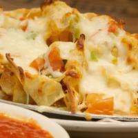 Scott’S Italian Nachos Supreme · Homemade pasta chips, green peppers, tomatoes, onions, pepperoncini, cheese.