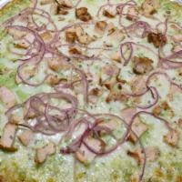 Lynn’S Pizza · Topped with creamy pesto sauce, chicken, onions, Parmesan, mozzarella, and garlic.