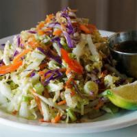 Honey Cilantro Lime Salad  · Julienned napa and red cabbage, carrots, scallions, red bell peppers.