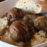 Turkey Balls · Gluten- Free. Served with Mushroom Gravy (Gluten- Free) over Dirty Mashed (Gluten-Free).