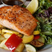 Salmon · 6 ounce Skuna Bay Salmon Filet served over a bed of orzo pasta with mixed vegetables & a sid...
