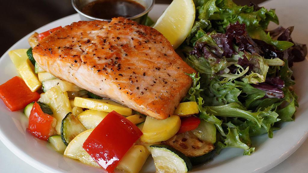 Salmon · 6 ounce Skuna Bay Salmon Filet served over a bed of orzo pasta with mixed vegetables & a side salad of mixed greens and sweet vinaigrette dressing.

Consuming raw or undercooked meats, poultry, seafood, fish, shellfish or eggs may increase foodborne illness.