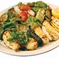 Chicken Joojeh Fattoush · Romaine lettuce, cucumber, chicken and cherry tomatoes, served with pita chips and fattoush ...