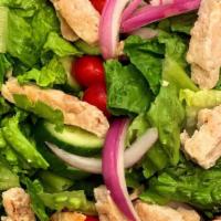 Grilled Chicken · Romaine lettuce, chicken, cucumber, onion, cherry tomatoes, and Italian dressing.