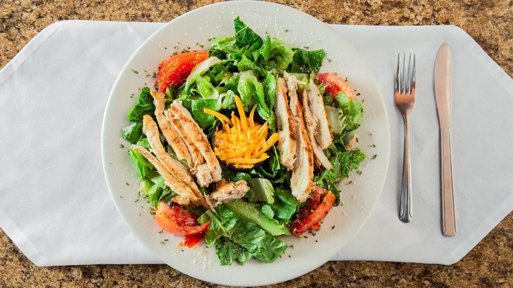 Chicken Salad · Romaine lettuce, grilled chicken, cucumber, tomato, hard-boiled egg and
shredded cheddar.