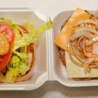 Famous Turkey Burger · Perfectly char grilled and loaded with toppings. lettuce, tomato, sautéed onions pickle, may...