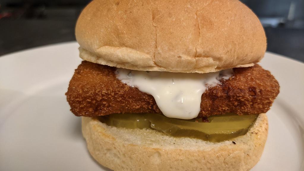 Fishy Bobert · Lightly breaded fish fillet, fried to golden brown, served on pickles and topped with our tartar sauce on a hamburger bun.