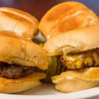 Bobert'S Sliders With Cheese · Four mini Boberts served on grilled slider buns with pickle slices on the side.