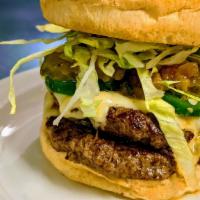 Fiesta Bobert · Two ¼ lb. Bobert burgers topped with two slices of Pepperjack cheese, jalapenos, pickles, sa...