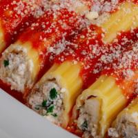 Manicotti · Stuffed with ricotta, mozzarella, parmesan, and tomato sauce.