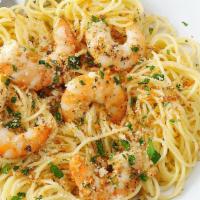 Jumbo Shrimp Scampi · Shrimp sautéed in garlic butter with angel hair pasta.