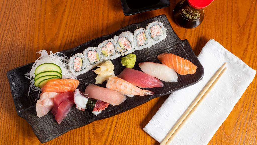 Sushi And Sashimi Combination · Five pieces of sushi, 15 pieces of sashimi and one spicy tuna roll.
