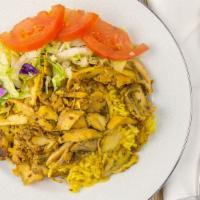 Chicken Shawarma Entrée · Thin slices of marinated chicken cooked on a slowly revolving rotisserie, served with rice, ...