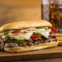 Philly Steak Sandwich · (660 calories). Tender beef sliced thin with grilled onions, mushrooms, peppers, and Swiss c...