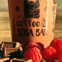 Small Raspberry Mocha Latte · A drink with espresso, milk, and raspberry and mocha (chocolate) flavors.