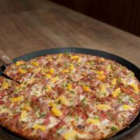 The Island · Bbq sauce, ham, bacon, pineapple, red onion, green pepper and topped with cinnamon.